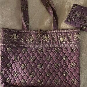 Vintage Vera Bradley Floral Quilted Purple Tote Bag with matching wallet